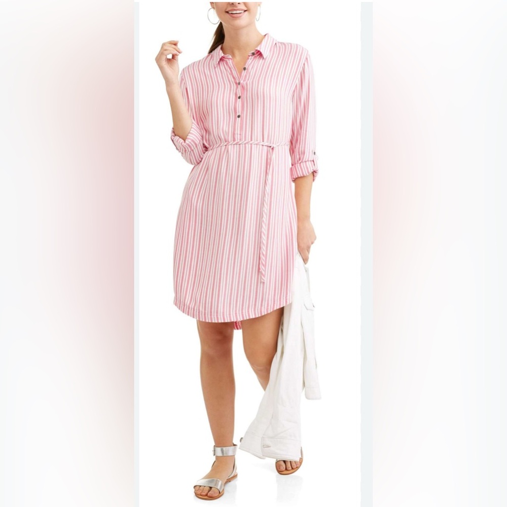 Time And Tru Size L (12-14) Pink White Stripe Shirt Top Blouse Women Stylish EUC